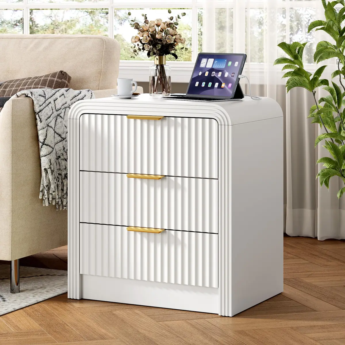 Decofy Fluted 3-Drawer Nightstand with Charging Station, Pure White | Modern Bedroom Side Table with USB-C & USB-A Ports - main product image