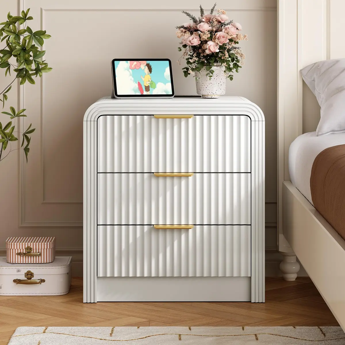 Decofy Fluted 3-Drawer Nightstand with Charging Station, Pure White | Modern Bedroom Side Table with USB-C & USB-A Ports - view 6