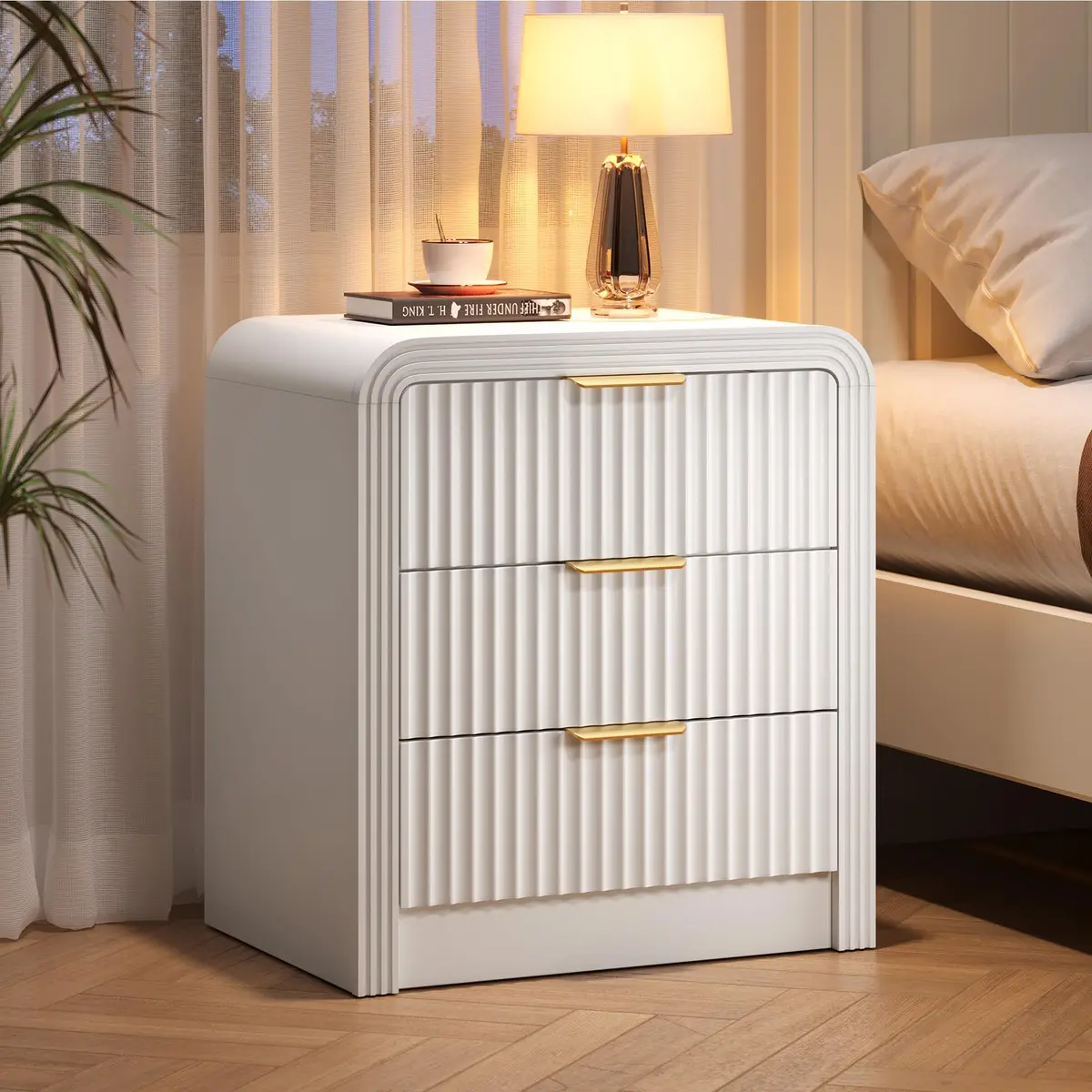 Decofy Fluted 3-Drawer Nightstand with Charging Station, Pure White | Modern Bedroom Side Table with USB-C & USB-A Ports - view 7