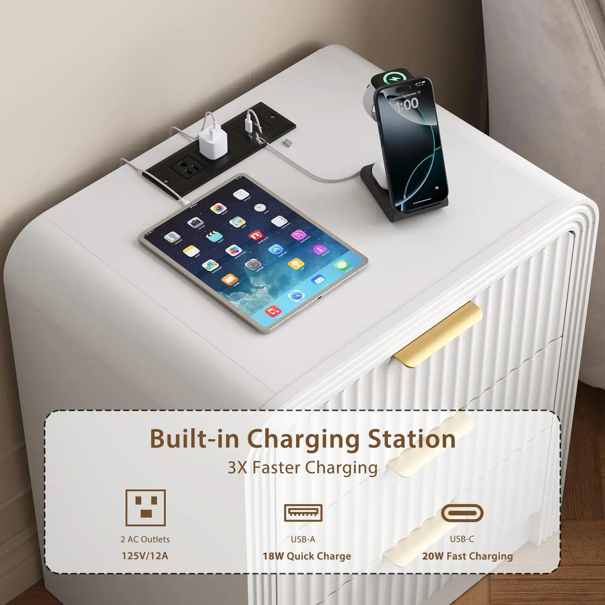 Decofy Fluted 3-Drawer Nightstand with Charging Station, Pure White | Modern Bedroom Side Table with USB-C & USB-A Ports - view 2
