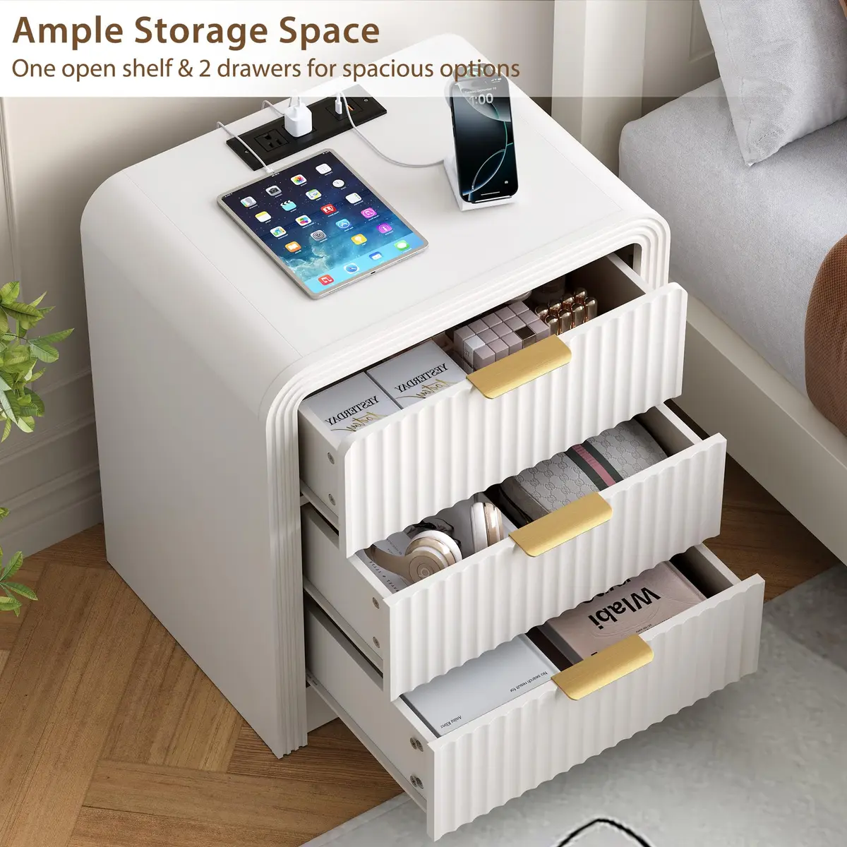 Decofy Fluted 3-Drawer Nightstand with Charging Station, Pure White | Modern Bedroom Side Table with USB-C & USB-A Ports - view 4