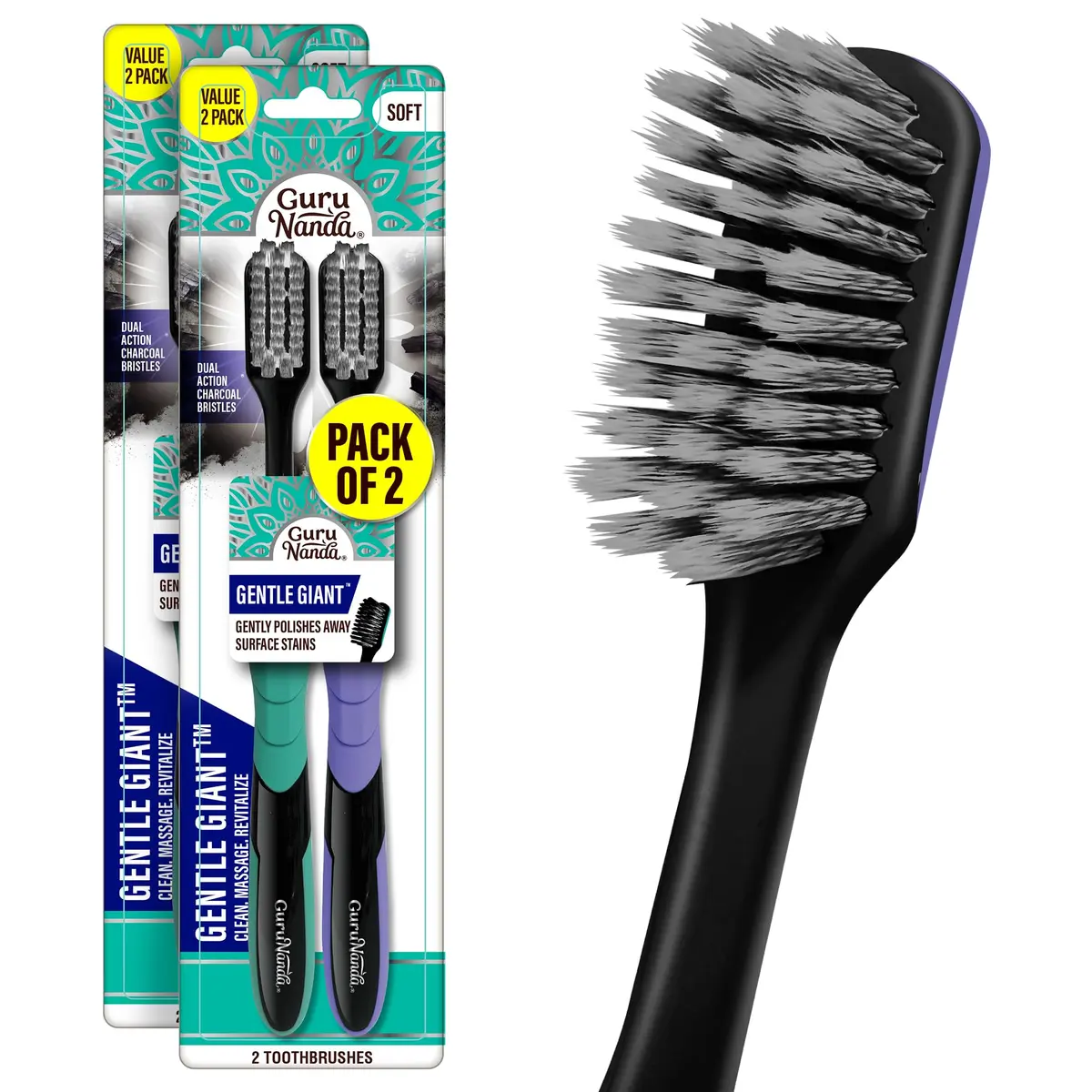 GuruNanda Gentle Giant Charcoal Toothbrush - Dual Action Flossing Spiral Bristles, Non-Slip Ergo Dexa Grip Handle, 2ct (Pack of 2) - main product image
