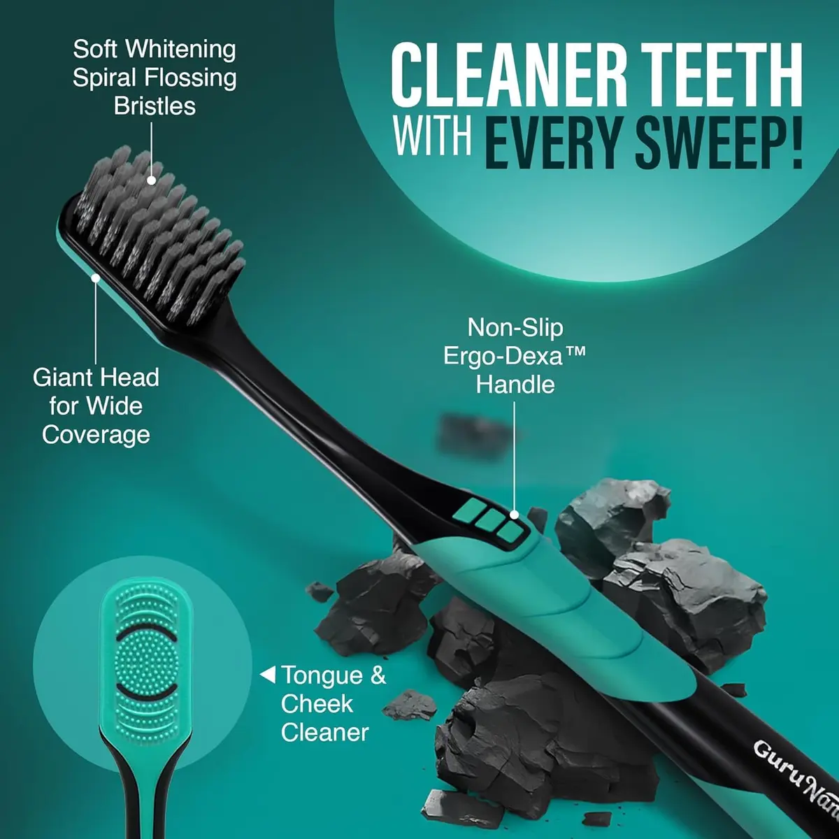 GuruNanda Gentle Giant Charcoal Toothbrush - Dual Action Flossing Spiral Bristles, Non-Slip Ergo Dexa Grip Handle, 2ct (Pack of 2) - view 5