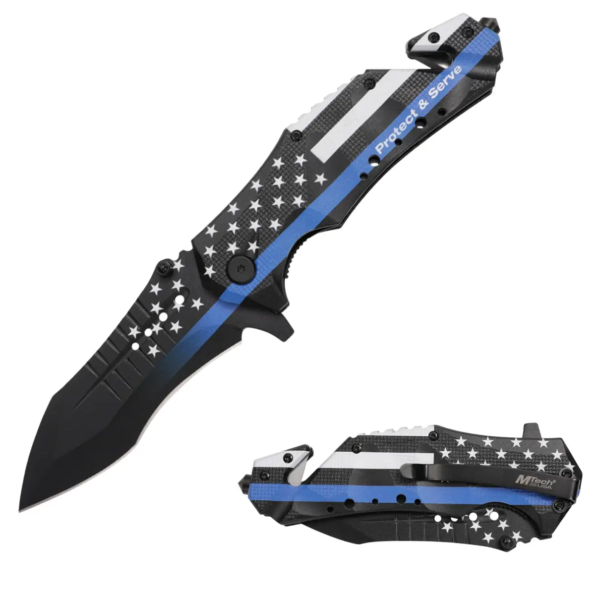 MTECH USA Folding Pocket Knife, Blue Line American Flag, 8.5 Inch Overall | Tactical Rescue & Everyday Carry - main product image