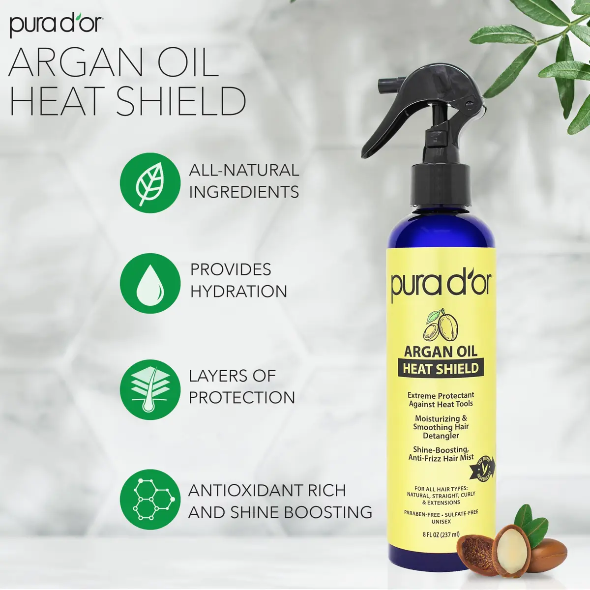 PURA D'OR Argan Oil Heat Shield Protectant Spray 474ml (16 Fl Oz) | Protects Up To 450º F From Heat Styling - view 2