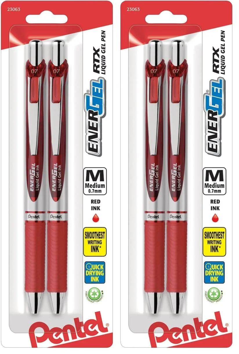 Pentel EnerGel Deluxe RTX Retractable Gel Pen, 0.7mm Medium Tip, Red Ink, 2-Count Pack | Smooth Ink Flow Writing Instrument - main product image