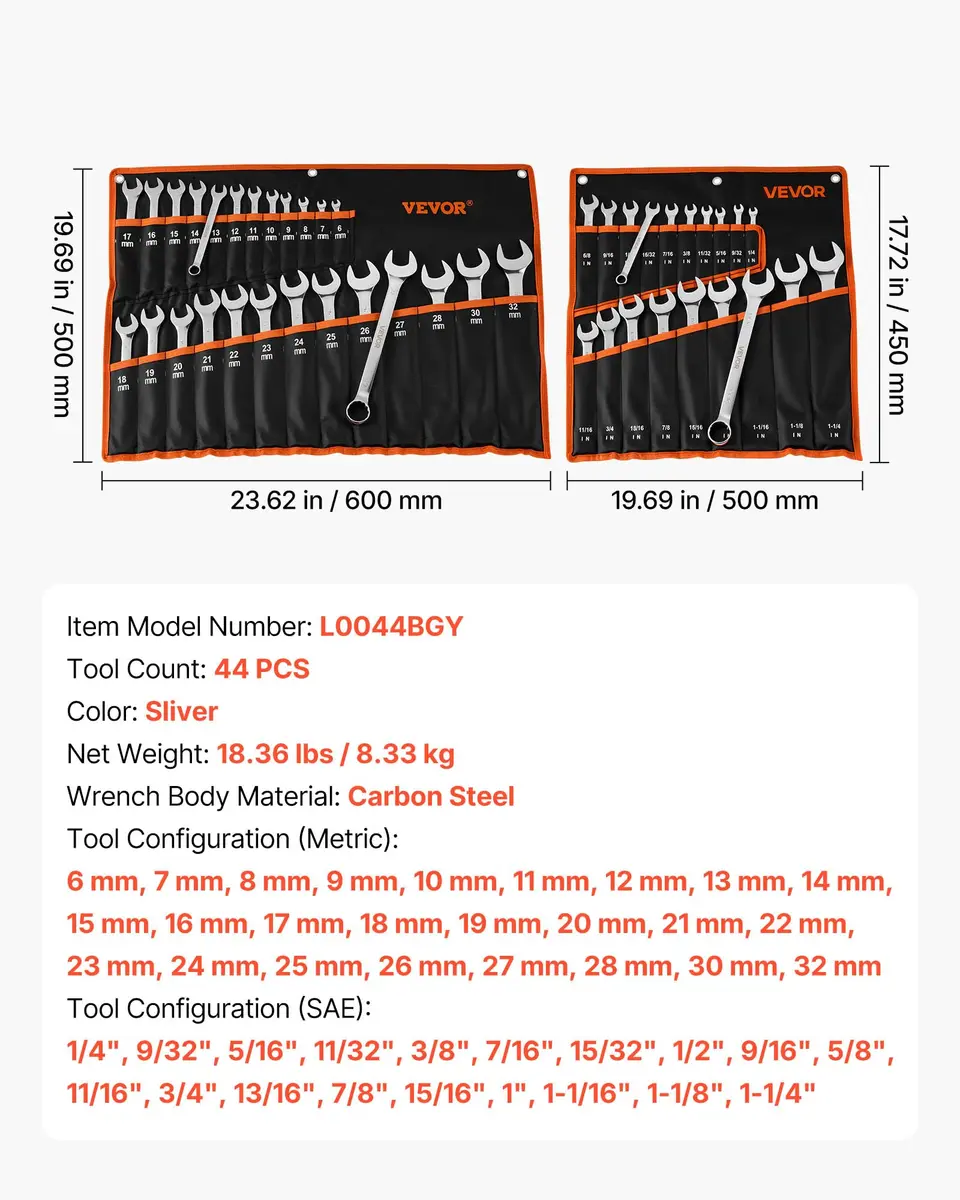 VEVOR 44-Piece Combination Wrench Set, Metric 6-32mm & SAE 1/4"-1-1/4" | Durable Steel, Organized Storage - view 7