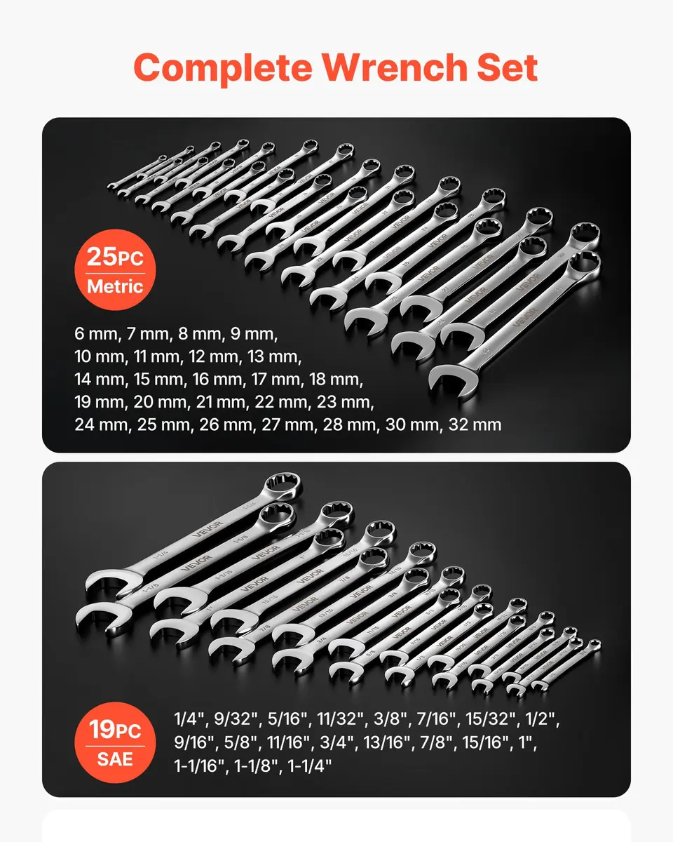 VEVOR 44-Piece Combination Wrench Set, Metric 6-32mm & SAE 1/4"-1-1/4" | Durable Steel, Organized Storage - view 2