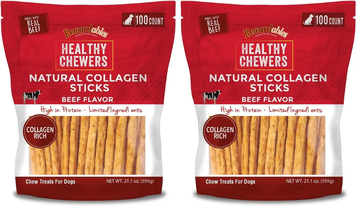 Rewardables Healthy Chewers Natural Collagen & Beef Sticks for Dogs | High Protein, Limited Ingredients, 100 Count (Pack of 2) - main product image
