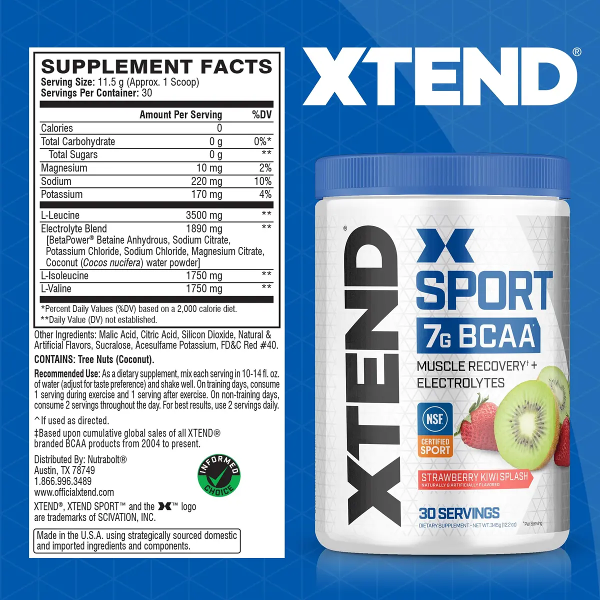 Xtend BCAA Powder Strawberry Kiwi Splash | Electrolyte Recovery & Hydration (12.2 oz, Pack of 2) - view 2