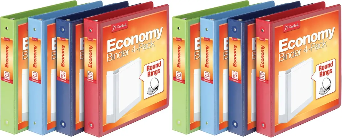 Cardinal 3 Ring Binders, Round Rings, 1.5 Inch, 350 Sheet Capacity, Pack of 8 | ClearVue Presentation View, Non-Stick, Assorted Colors - main product image