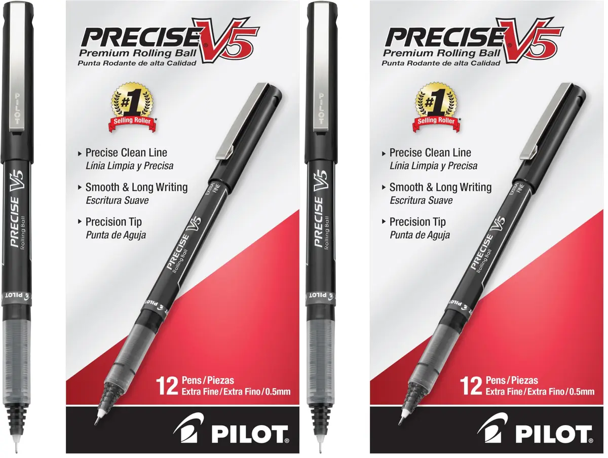 PILOT Precise V5 Rollerball Pens Extra Fine Point 0.5 mm Black 24 Count (Pack of 2) | Smooth Ink Flow for Students & Office - main product image