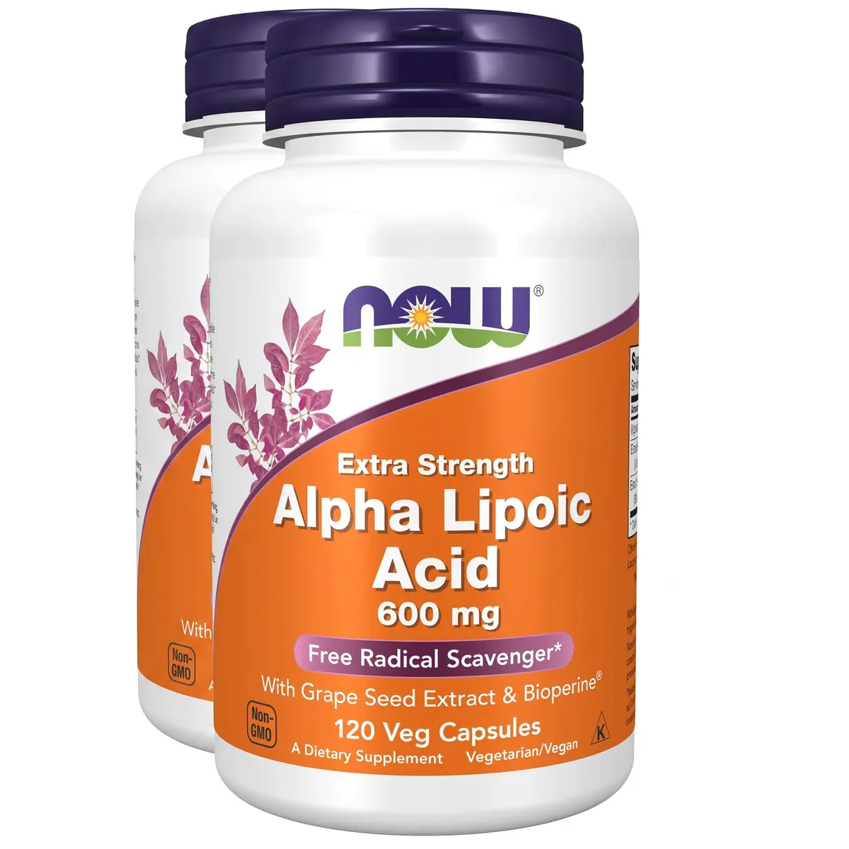 NOW Foods Alpha Lipoic Acid 600 mg with Grape Seed & Bioperine | Extra Strength, 120 Veg Capsules (Pack of 2) - main product image