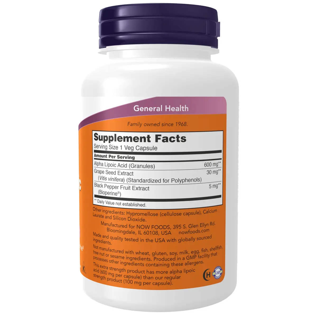 NOW Foods Alpha Lipoic Acid 600 mg with Grape Seed & Bioperine | Extra Strength, 120 Veg Capsules (Pack of 2) - view 2