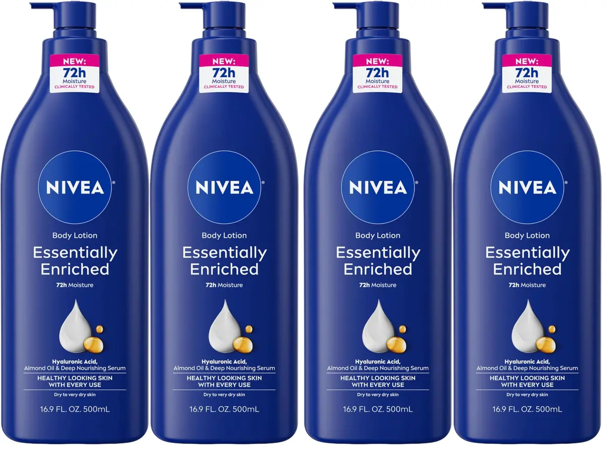 NIVEA Essentially Enriched Body Lotion for Very Dry Skin with Hyaluronic Acid, Almond Oil & Deep Nourishing Serum, 67.6 Fl Oz (Pack of 4) | 72-Hour Moisture Lock - main product image