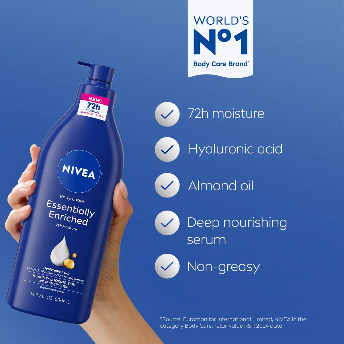 NIVEA Essentially Enriched Body Lotion for Very Dry Skin with Hyaluronic Acid, Almond Oil & Deep Nourishing Serum, 67.6 Fl Oz (Pack of 4) | 72-Hour Moisture Lock - view 3