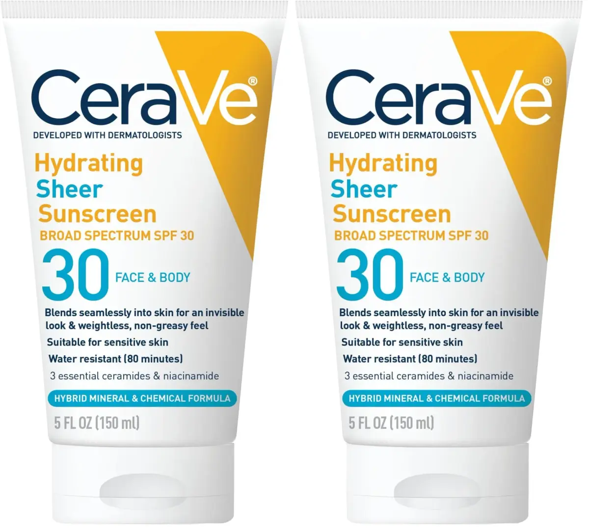 CeraVe Hydrating Sheer Sunscreen SPF 30, 10 Fl Oz (Pack of 2) | Mineral & Chemical Hybrid with Hyaluronic Acid & Ceramides - main product image