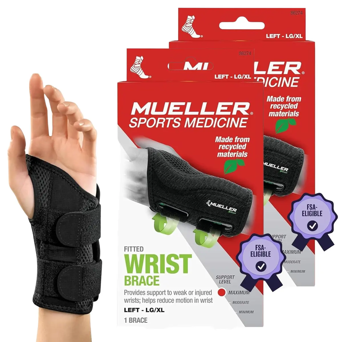 MUELLER Green Fitted Wrist Brace,Left,LG/XL (Pack of 2) | Support for Carpal Tunnel & Arthritis - main product image