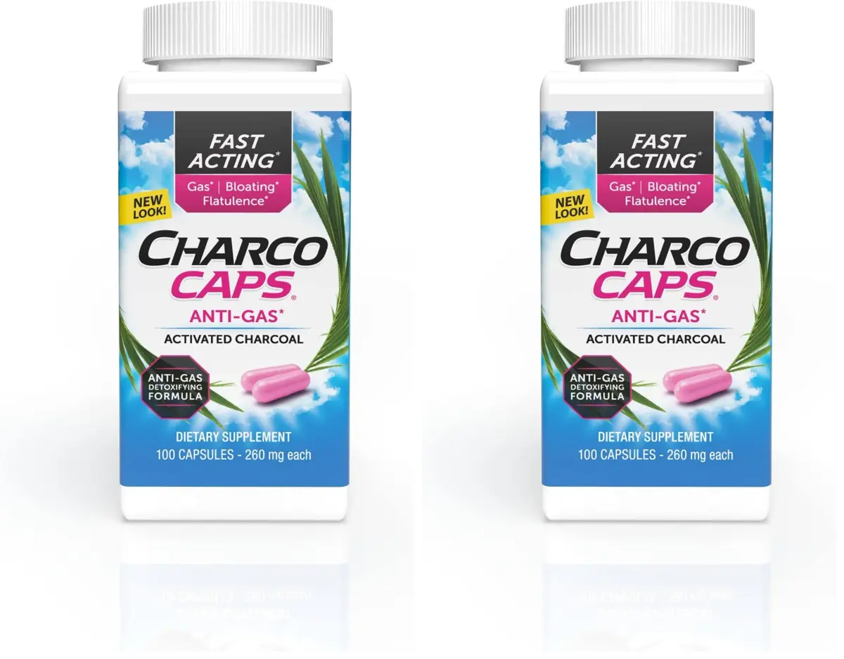 Charcocaps Fast Acting Gas Relief Activated Charcoal Capsules 200 Count (100 Count Pack of 2) | Drug-Free Detoxifying Formula for Bloating & Flatulence - main product image