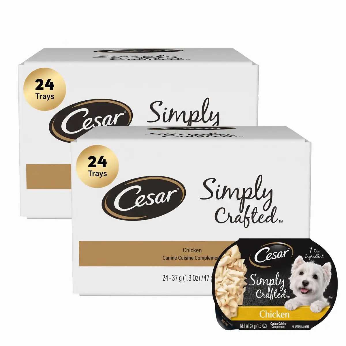 Cesar Simply Crafted Adult Wet Dog Food Toppers for Dry Food, Chicken, 1.3 oz Tub | Real Chicken & Natural Ingredients - main product image
