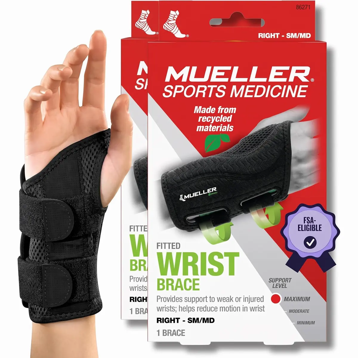 MUELLER Sports Medicine Green Fitted Wrist Brace for Men & Women | Carpal Tunnel & Tendonitis Support, Small/Medium, Pack of 2 - main product image