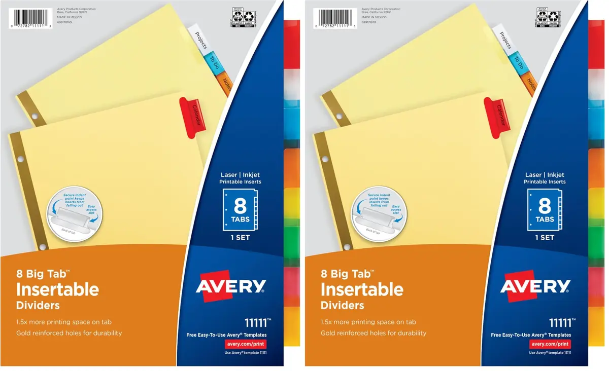 Avery Insertable Big Tab Binder Dividers, 16 Tabs (8 per set x 2 packs) | Multicolor, Gold-Reinforced Holes - main product image