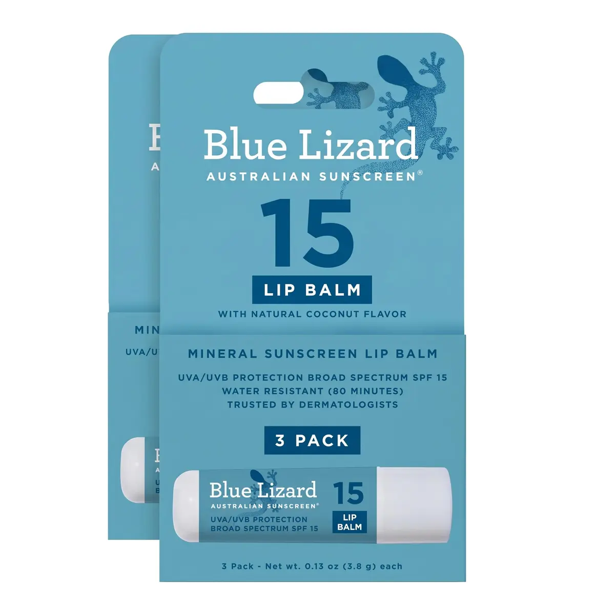 BLUE LIZARD Mineral SPF 15 Lip Balm 3-Pack | Broad Spectrum Sun Protection with Natural Coconut Flavor - main product image