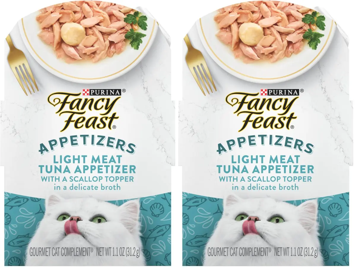 Fancy Feast Appetizers Light Meat Tuna & Scallop Cat Food Topper 1.1 oz Trays (Pack of 20) | Grain-Free Broth for Cats - main product image