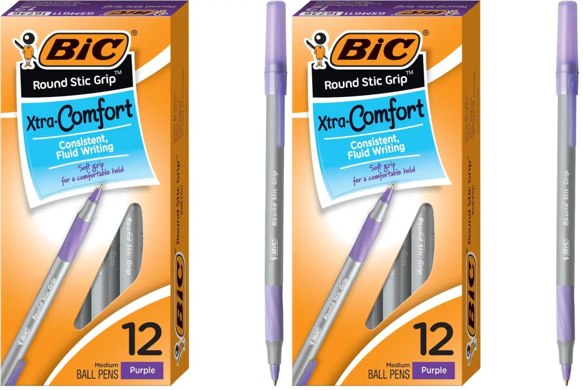 BIC Round Stic Grip Xtra Comfort Fashion Ball Point Pen Purple | 24 Pens (Pack of 2) - main product image