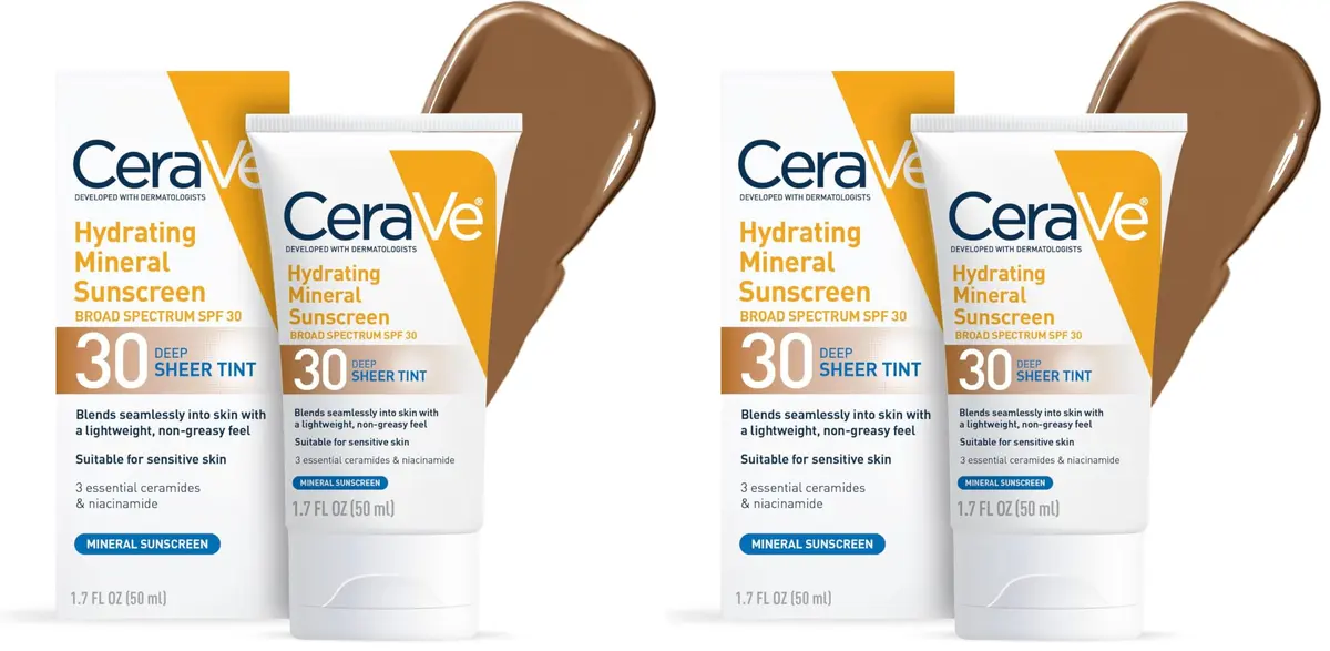 CeraVe Hydrating Mineral Sunscreen SPF 30 with Sheer Tint, Deep, 102ml (3.4 Fl Oz) | Dermatologist-Developed for Healthy Glow - main product image