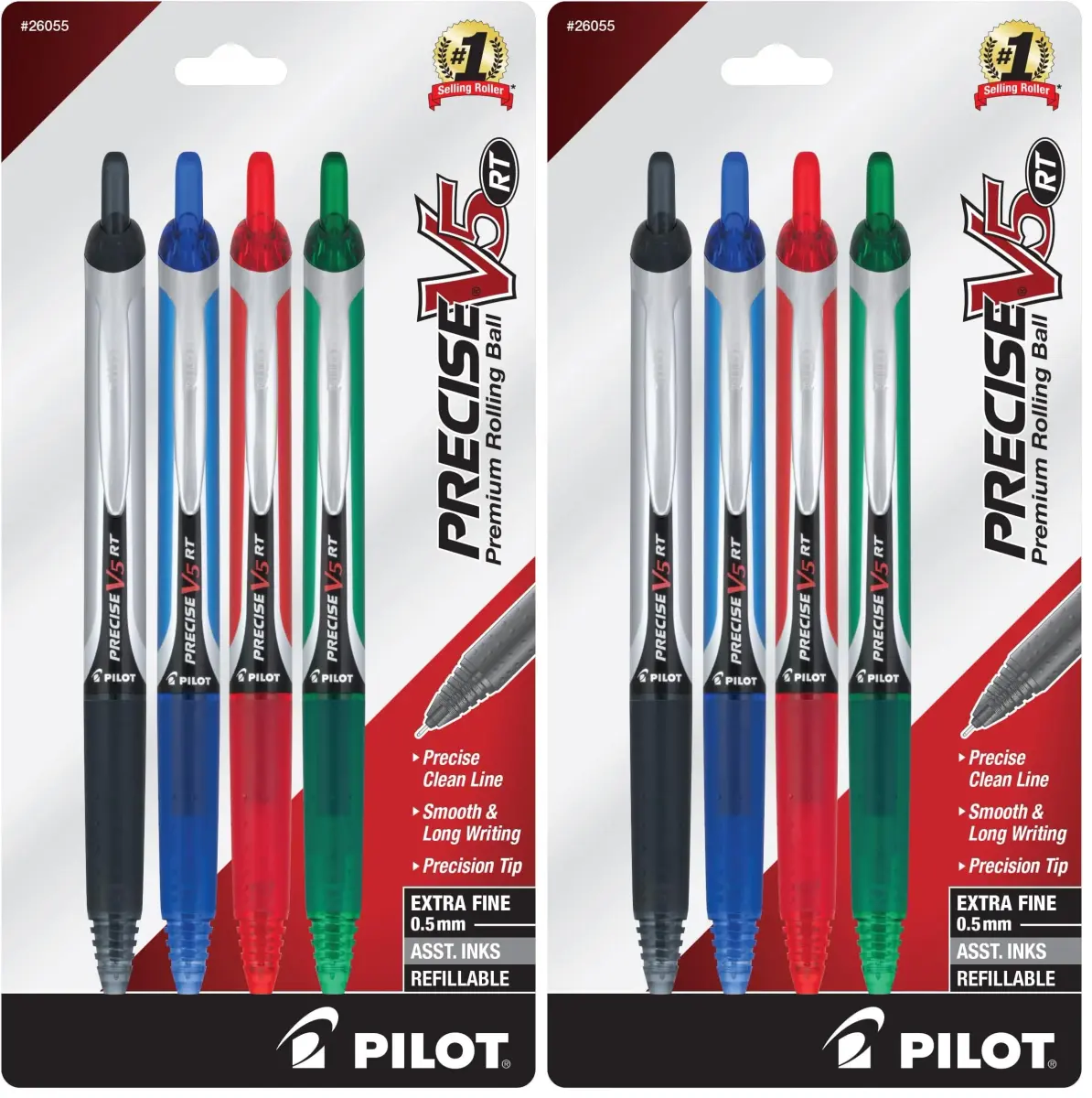 PILOT Precise V5 RT Rolling Ball Pens, 4 Count (Pack of 2) | Extra Fine Point 0.5mm, Black/Blue/Red/Green - main product image