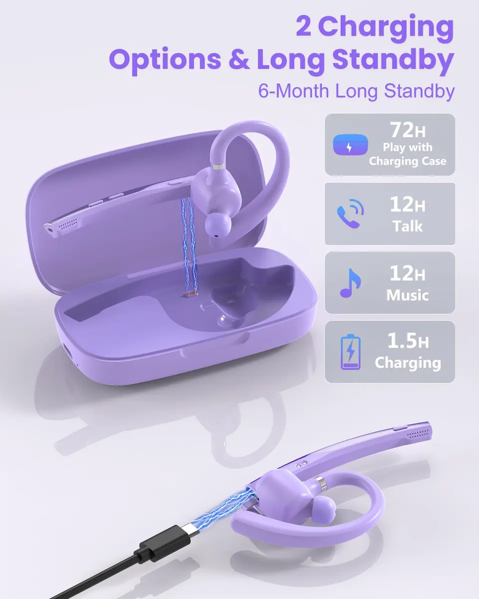 New Bee Bluetooth Headset V5.1 M54/M53 with 72H Talk Time & Dual Mic | 15m Range, Purple - view 5