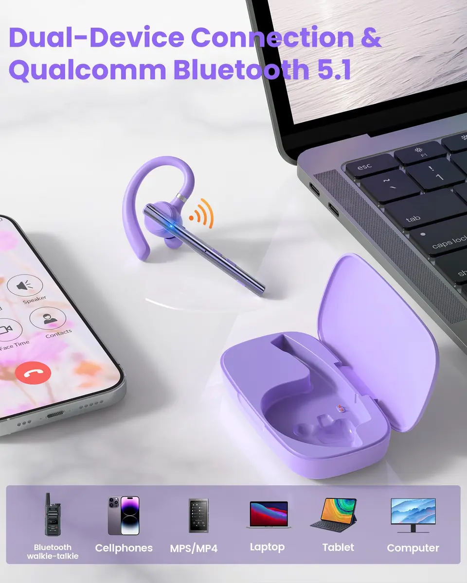 New Bee Bluetooth Headset V5.1 M54/M53 with 72H Talk Time & Dual Mic | 15m Range, Purple - view 6