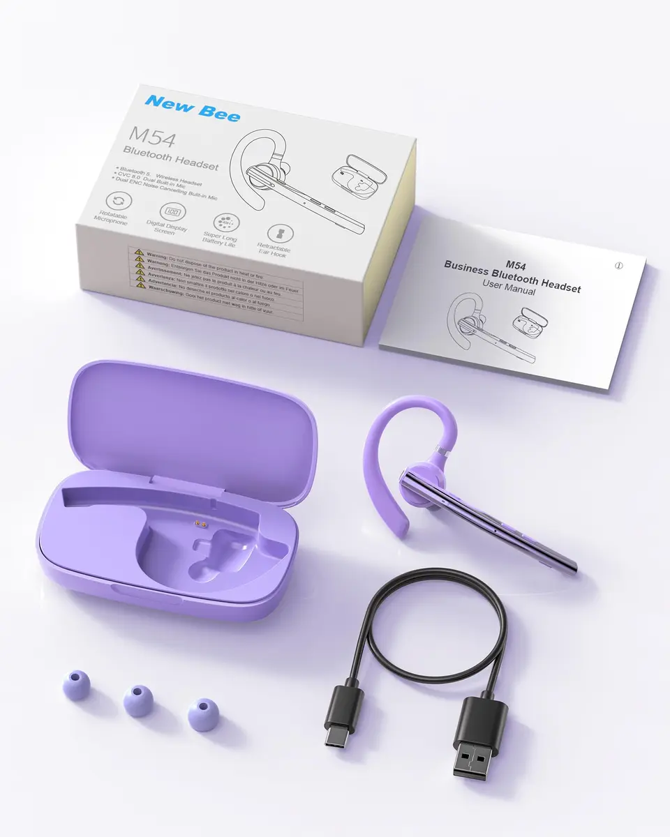 New Bee Bluetooth Headset V5.1 M54/M53 with 72H Talk Time & Dual Mic | 15m Range, Purple - view 8