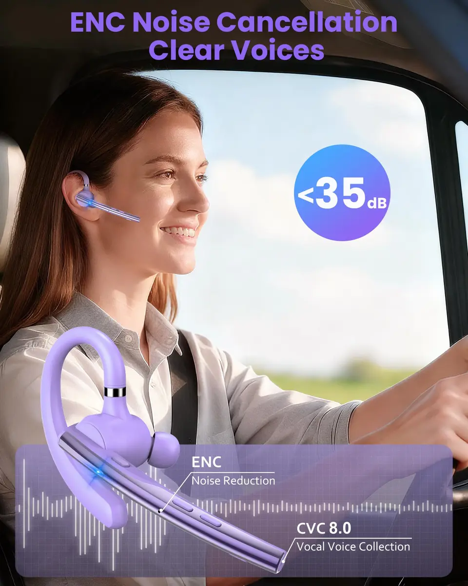 New Bee Bluetooth Headset V5.1 M54/M53 with 72H Talk Time & Dual Mic | 15m Range, Purple - view 2