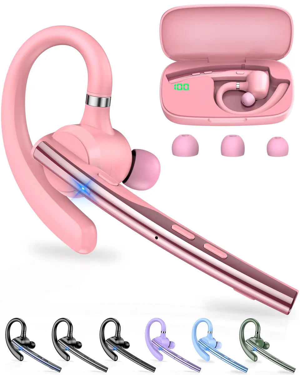 New Bee Bluetooth Headset V5.1 Pink | 72H Talk Time Dual Mic with Charging Case - main product image