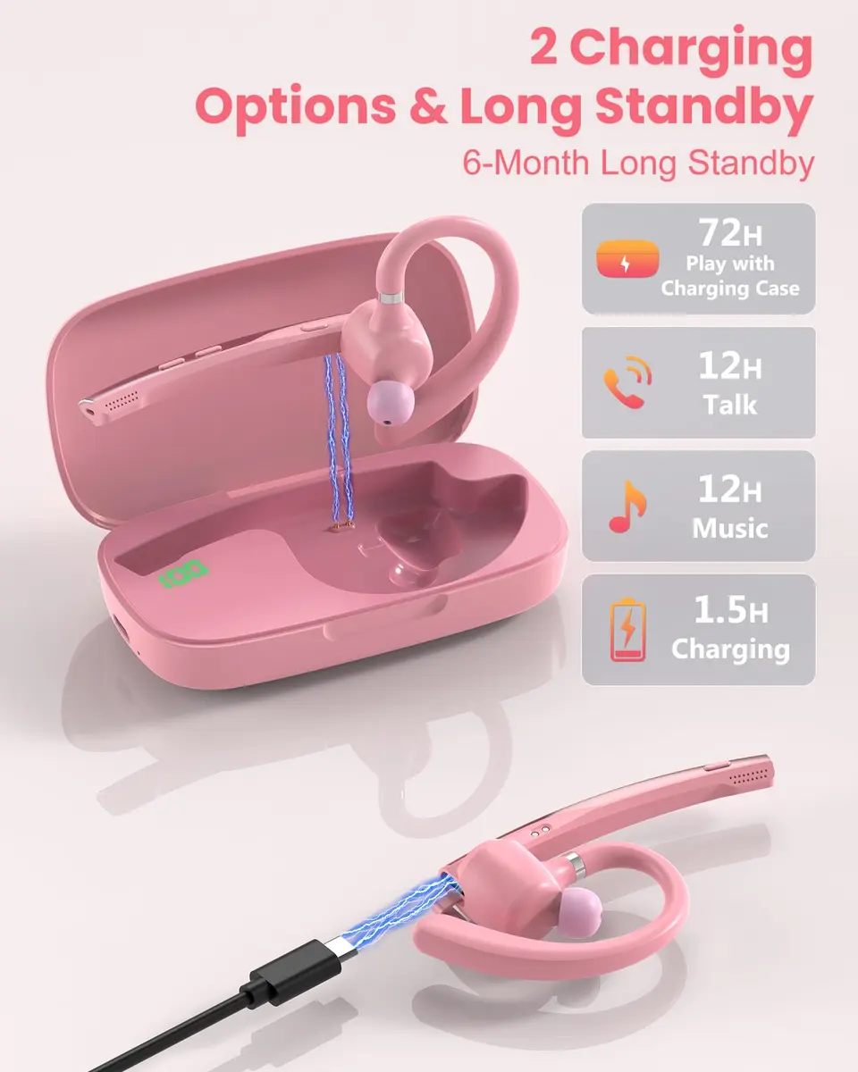 New Bee Bluetooth Headset V5.1 Pink | 72H Talk Time Dual Mic with Charging Case - view 5