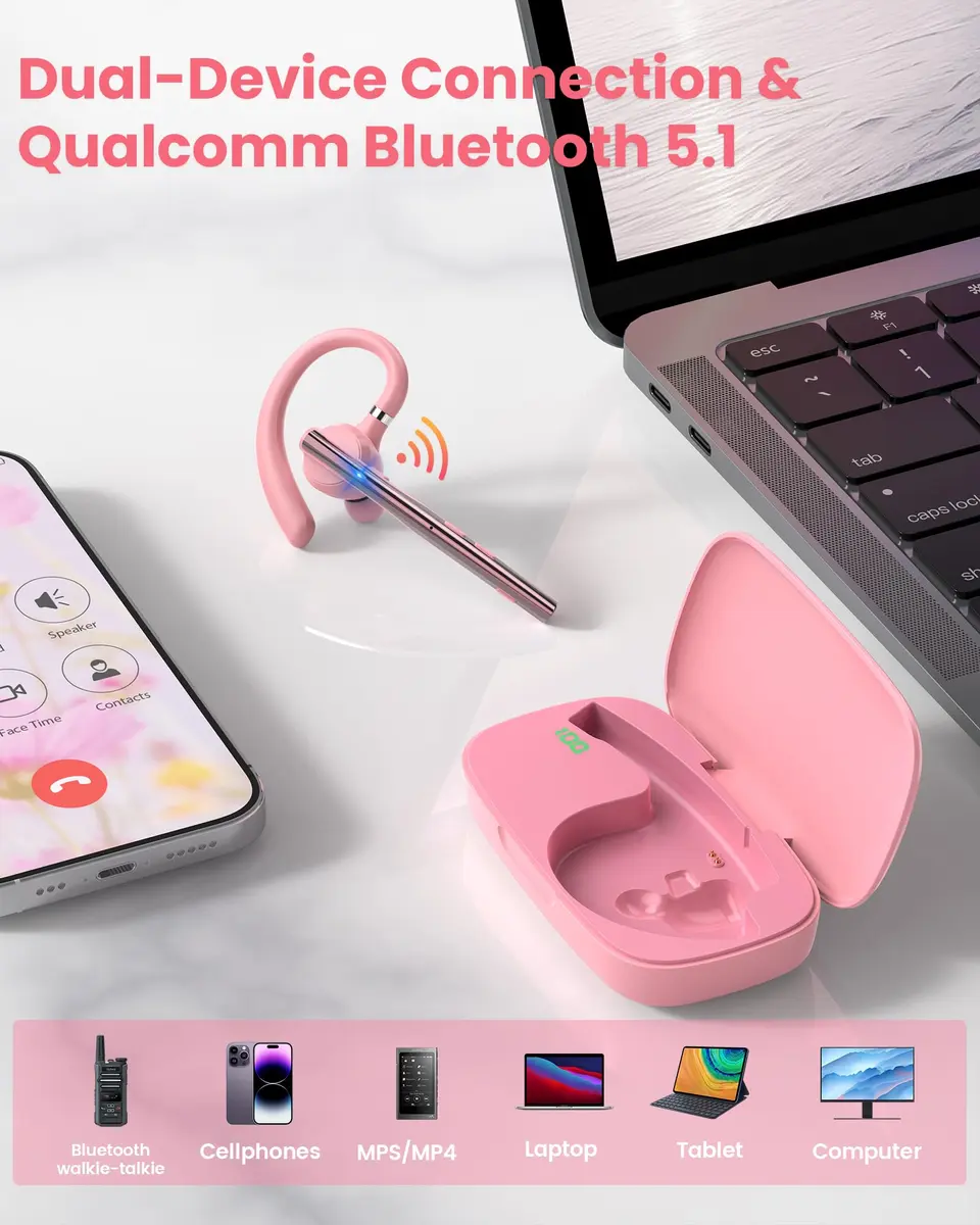 New Bee Bluetooth Headset V5.1 Pink | 72H Talk Time Dual Mic with Charging Case - view 6
