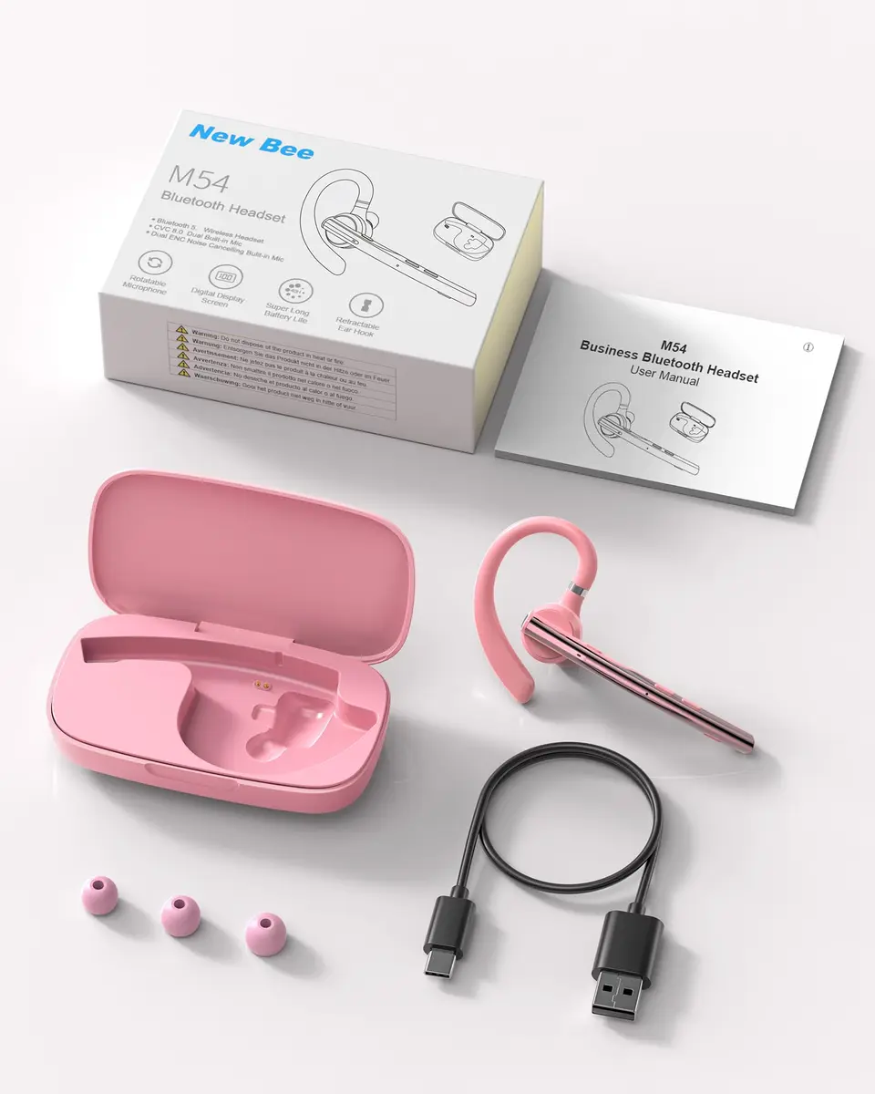 New Bee Bluetooth Headset V5.1 Pink | 72H Talk Time Dual Mic with Charging Case - view 9