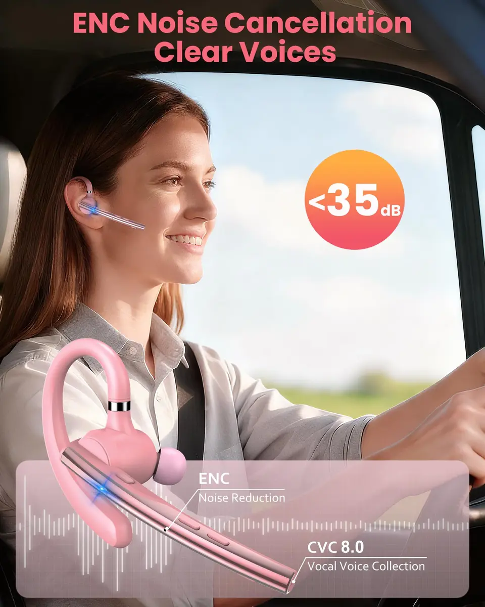 New Bee Bluetooth Headset V5.1 Pink | 72H Talk Time Dual Mic with Charging Case - view 2