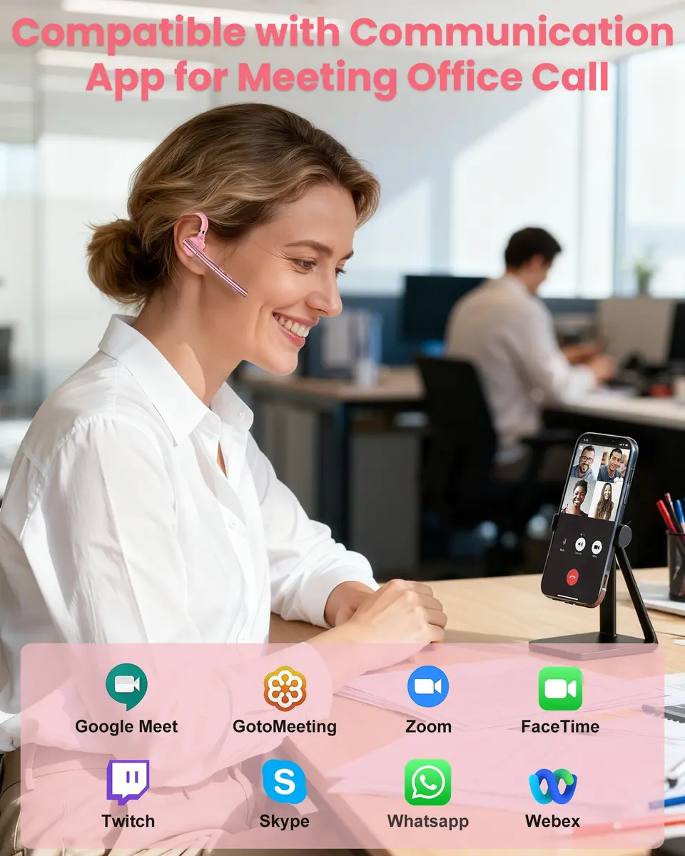New Bee Bluetooth Headset V5.1 Pink | 72H Talk Time Dual Mic with Charging Case - view 3