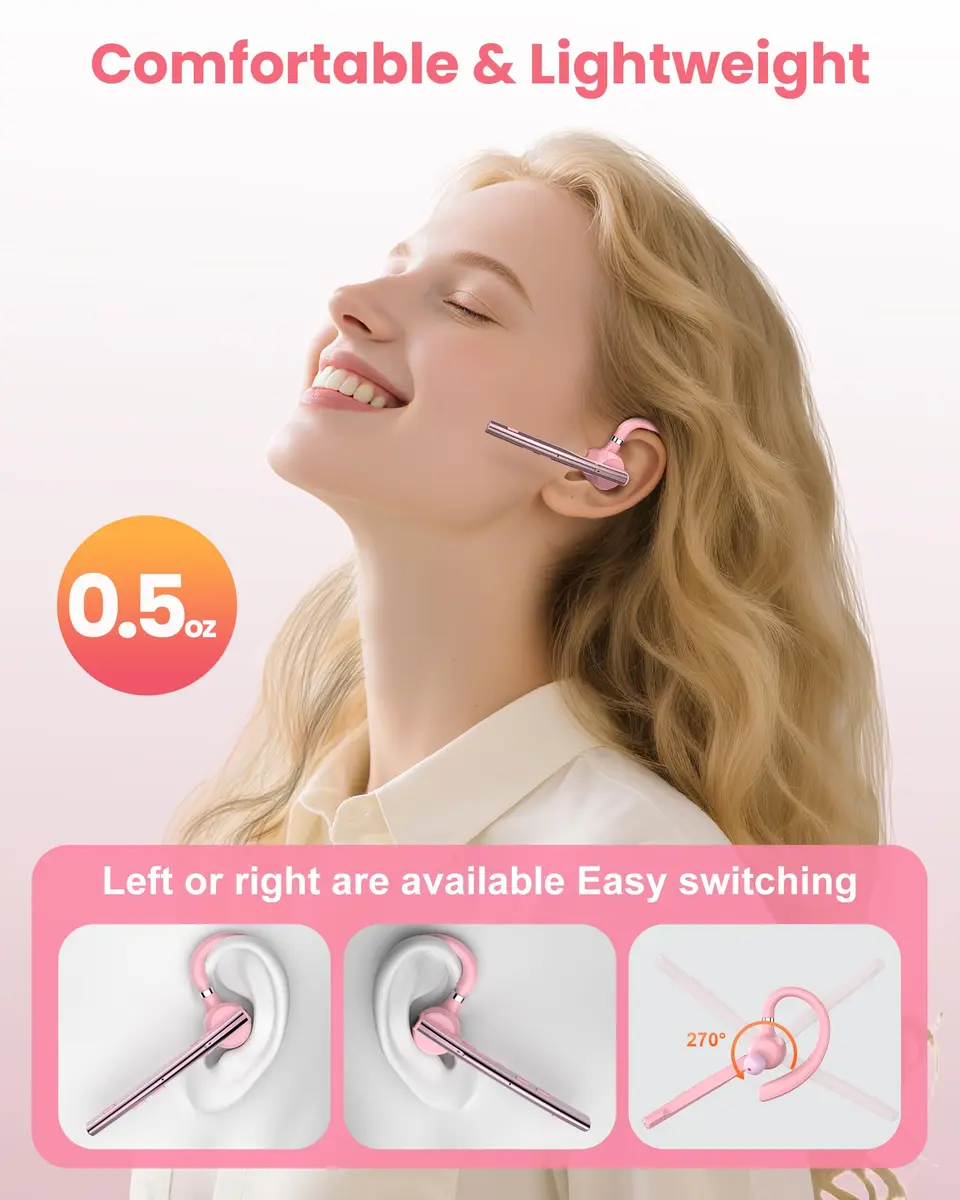 New Bee Bluetooth Headset V5.1 Pink | 72H Talk Time Dual Mic with Charging Case - view 4