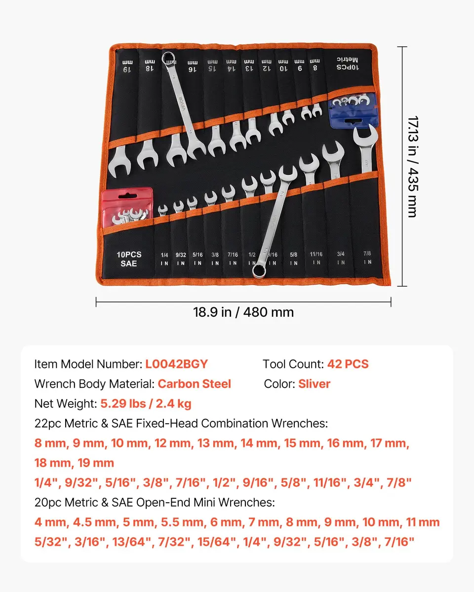 VEVOR Combination Wrench Set, 42-Piece SAE & Metric, Carbon Steel, 12-Point Box & 15° Angled Open End, for Household & Auto Repairs - view 7