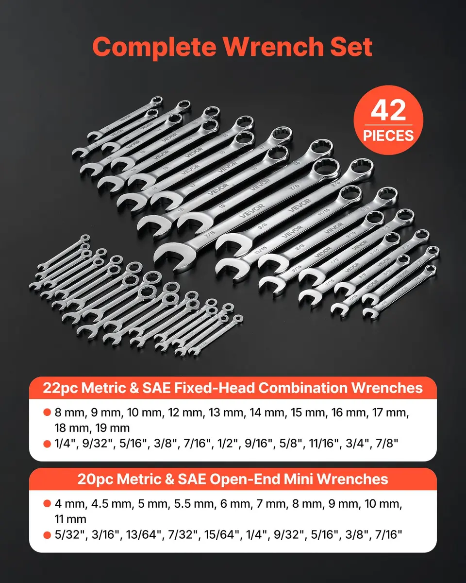 VEVOR Combination Wrench Set, 42-Piece SAE & Metric, Carbon Steel, 12-Point Box & 15° Angled Open End, for Household & Auto Repairs - view 2