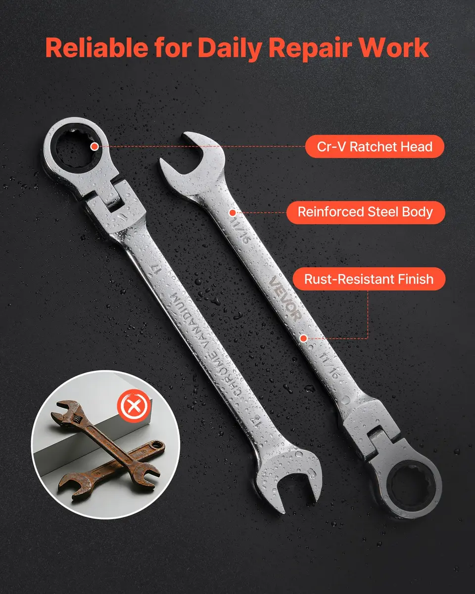 VEVOR Flex-Head Ratcheting Wrench Set, 30-Piece SAE & Metric, 72 Teeth, Cr-V Steel, for Household & Auto Repairs - view 5