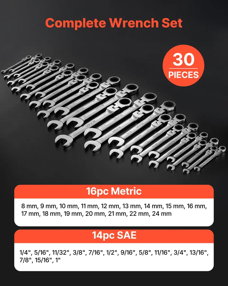 VEVOR Flex-Head Ratcheting Wrench Set, 30-Piece SAE & Metric, 72 Teeth, Cr-V Steel, for Household & Auto Repairs - view 2