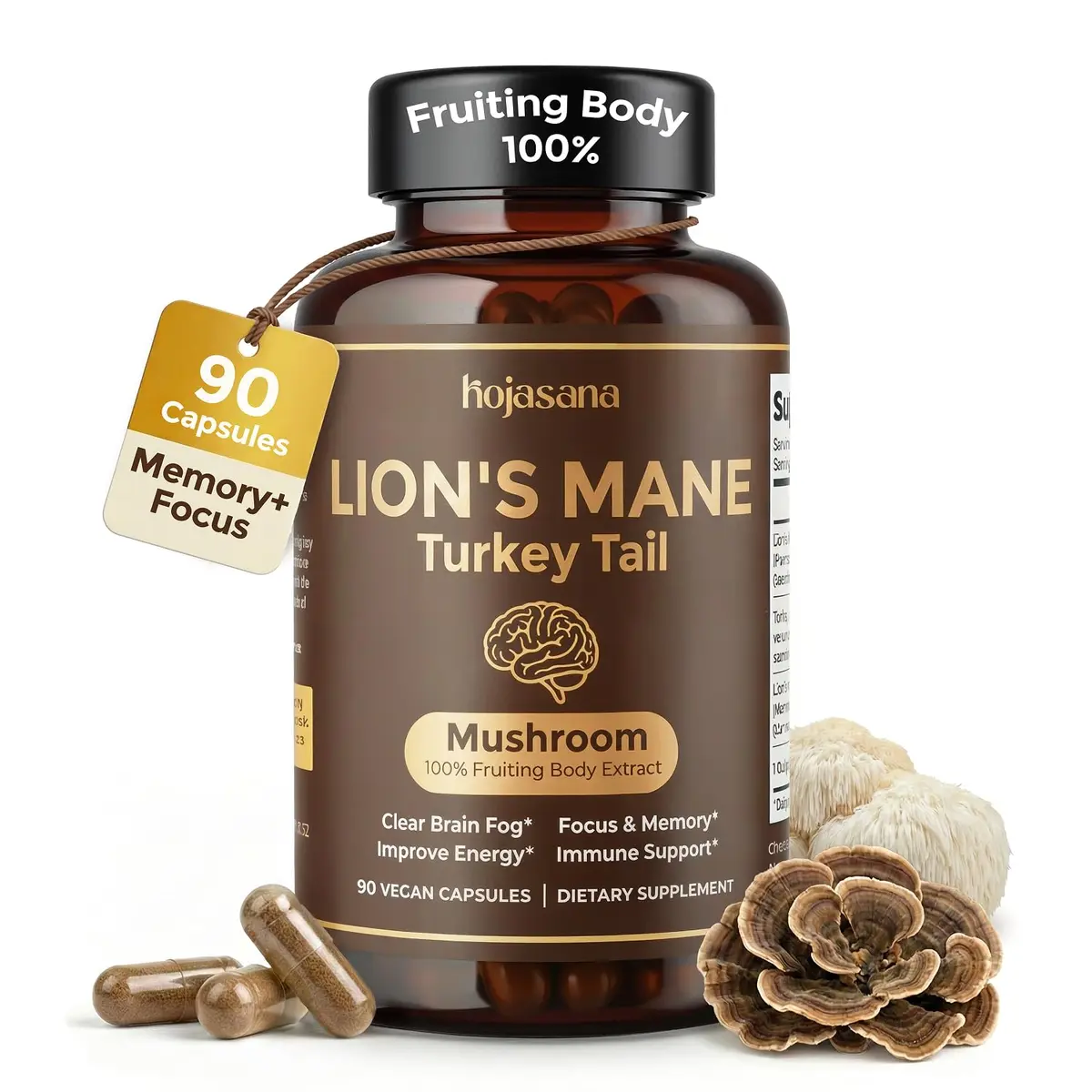 HojaSana Lions Mane Supplement Capsules with Turkey Tail, 90 Vegan Capsules | Cognitive & Immune Support - main product image
