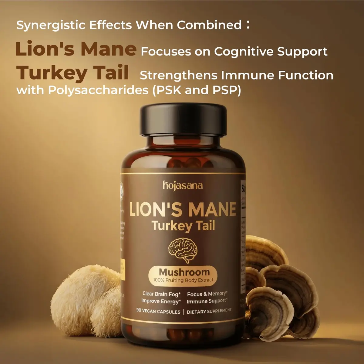 HojaSana Lions Mane Supplement Capsules with Turkey Tail, 90 Vegan Capsules | Cognitive & Immune Support - view 3