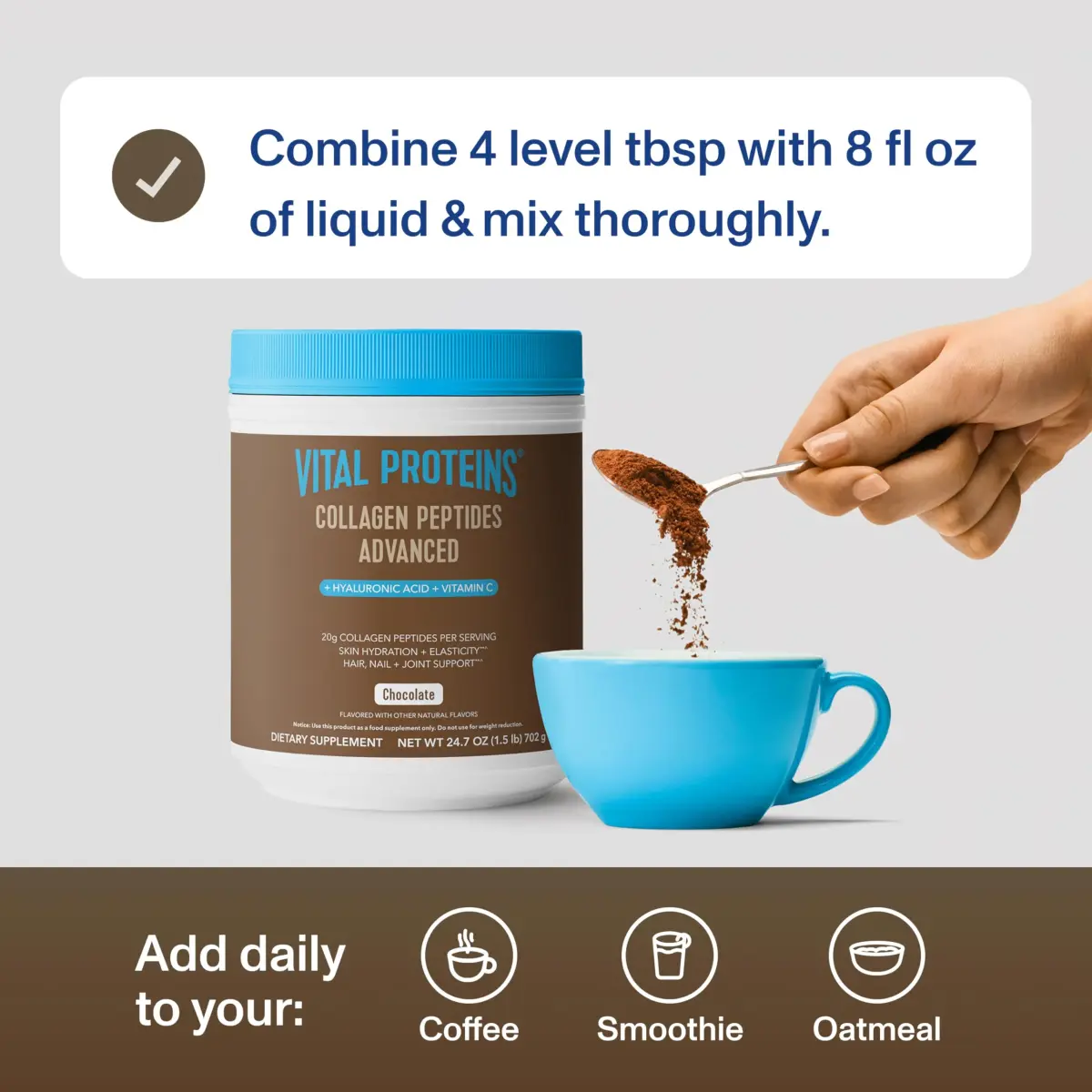 Vital Proteins Collagen Peptides Advanced Chocolate Powder 1.44 kg (49.4 oz) | Hydrolyzed Peptides with Hyaluronic Acid & Vitamin C - view 6