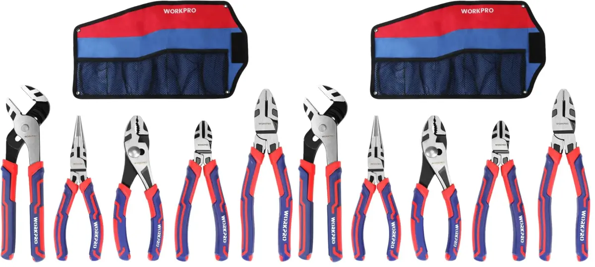 WORKPRO Pliers Set (5-Piece, Pack of 2) | Premium Cr-V Construction, Includes 6 Inch Slip Joint, Long Nose, Diagonal Cutting, 8 Inch Groove Joint, 7 Inch Linesman and Storage Pouch - main product image